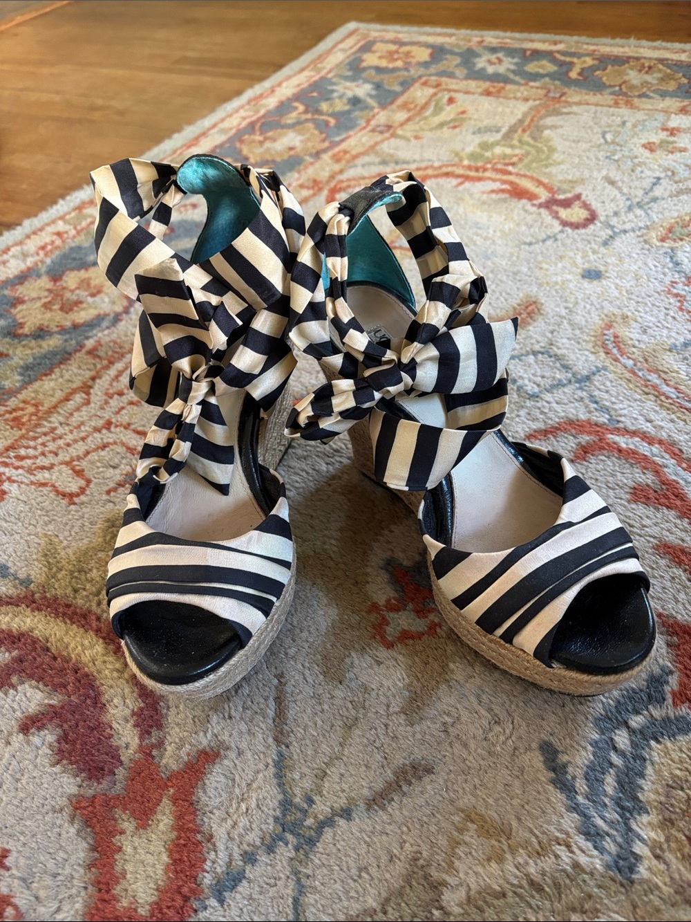 UGG Lucianna Black and Cream Striped Espadrille Wedge Sandals with Ankle Tie